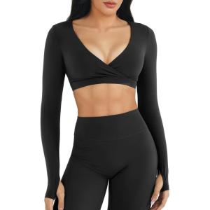 imageYEOREO Women Workout Long Sleeve Crop Tops Aberney Double Lined Deep V Cross Front Padded Yoga Cropped T ShirtBlack