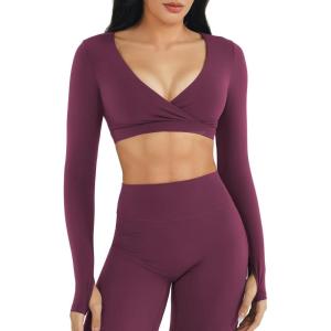 imageYEOREO Women Workout Long Sleeve Crop Tops Aberney Double Lined Deep V Cross Front Padded Yoga Cropped T ShirtBlack Cherry