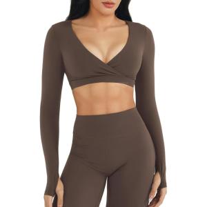 imageYEOREO Women Workout Long Sleeve Crop Tops Aberney Double Lined Deep V Cross Front Padded Yoga Cropped T ShirtCoffee