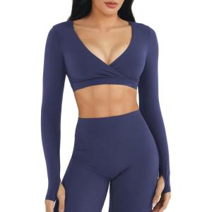 imageYEOREO Women Workout Long Sleeve Crop Tops Aberney Double Lined Deep V Cross Front Padded Yoga Cropped T ShirtNavy Blue