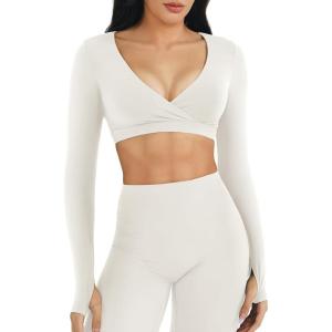 imageYEOREO Women Workout Long Sleeve Crop Tops Aberney Double Lined Deep V Cross Front Padded Yoga Cropped T ShirtWhite