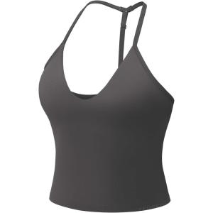 imageYEOREO Womens Impact Halter Tank Top Strappy Padded Halter Open Back Deep V Neck Builtin Bra Workout Gym Crop TopsDark Gray