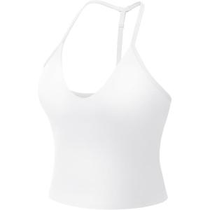 imageYEOREO Womens Impact Halter Tank Top Strappy Padded Halter Open Back Deep V Neck Builtin Bra Workout Gym Crop TopsWhite