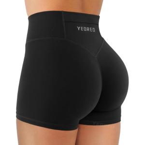 imageYEOREO Hidden Scrunch Workout Shorts with Pocket 35 Inseam High Waist Gym Yoga ShortsBlack