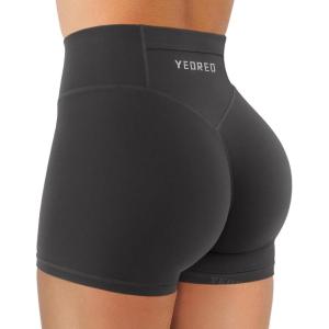 imageYEOREO Hidden Scrunch Workout Shorts with Pocket 35 Inseam High Waist Gym Yoga ShortsDeep Grey