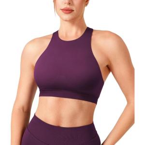 image:imageYEOREO Racerback Sports Bras for Women Padded Medium Impact Dafnien Seamless Yoga Workout Crop TopsBlack Cherry